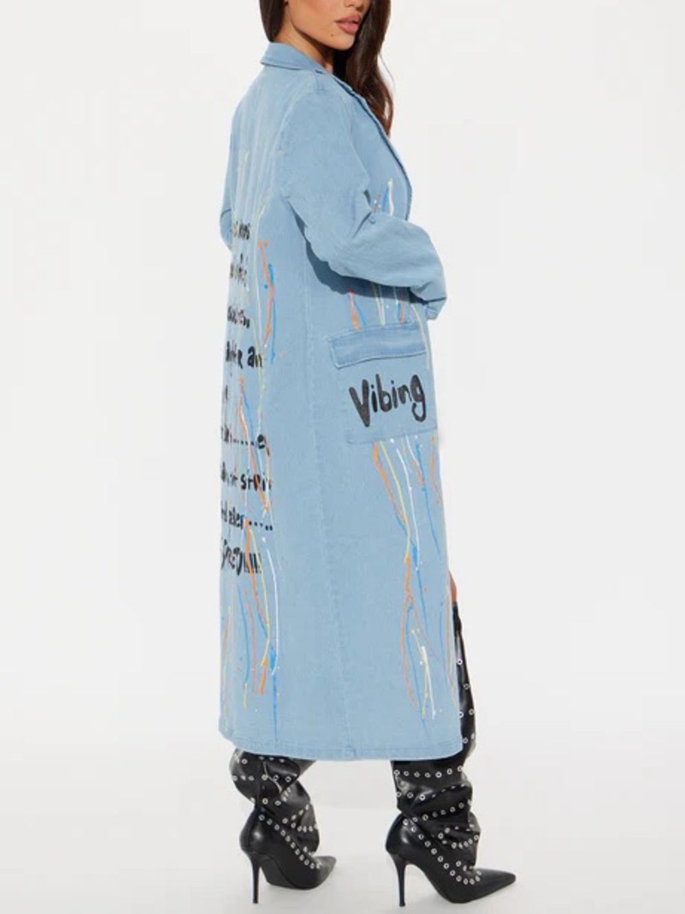 •Inspired• Light Wash Denim Duster Coat w/Graffiti Paint Splatter | Denim Trench - Picture 3 of 4